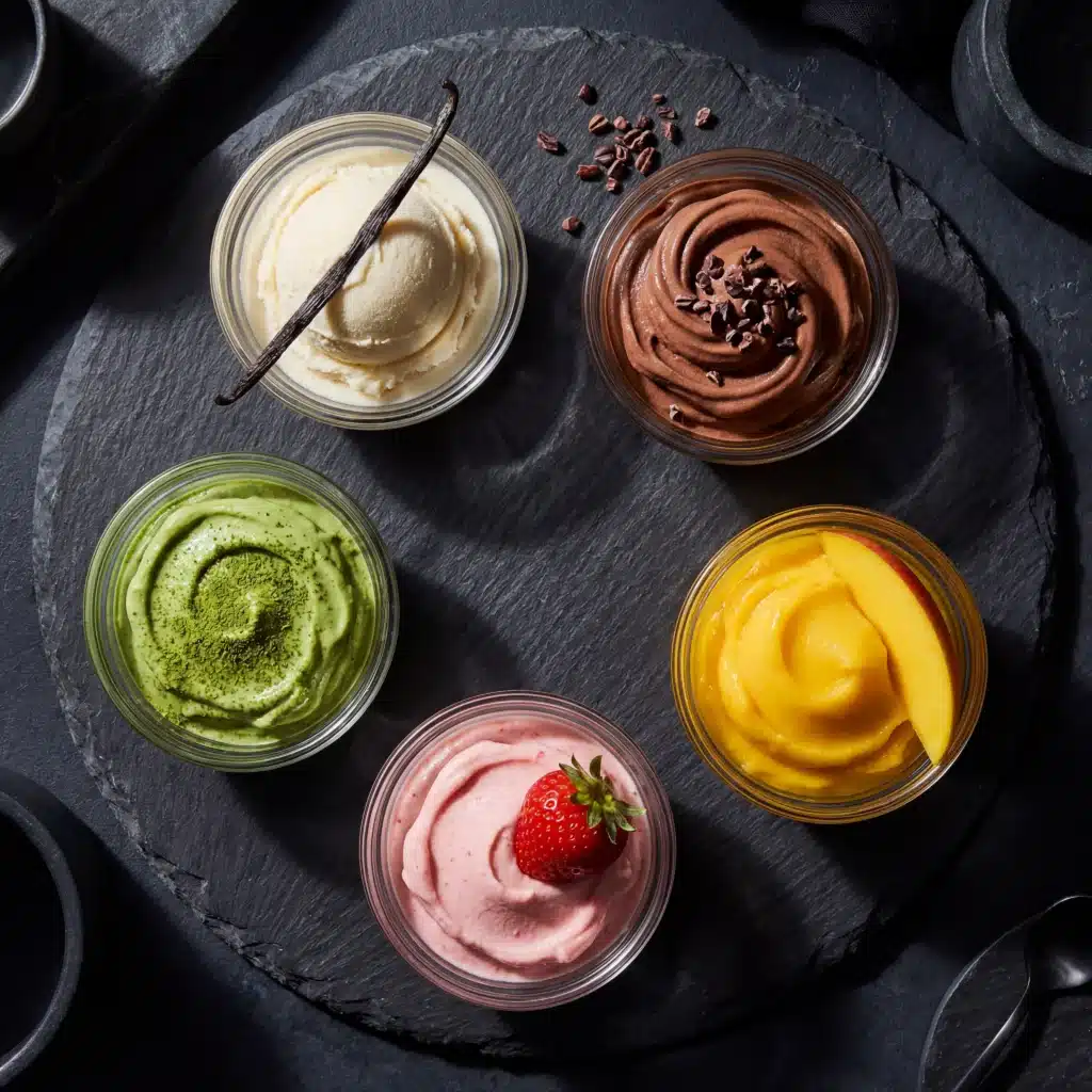 Two scoops of healthy strawberry cottage cheese Ninja Creami frozen yogurt in a pastel bowl with fresh strawberries and basil on a sunny table