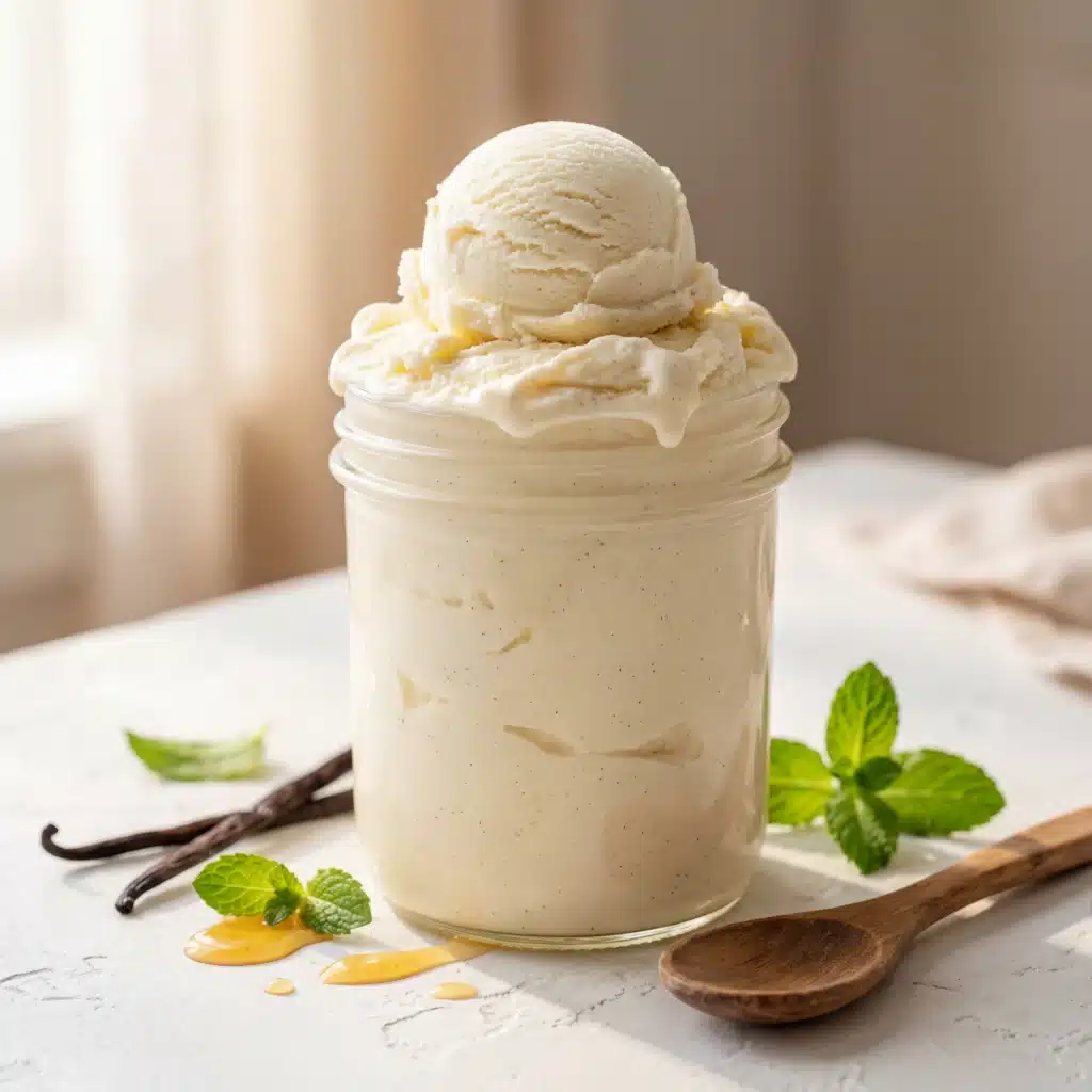 Close-up of a healthy Ninja Creami vanilla bean protein ice cream pint with honey drizzle and fresh mint on a stone surface