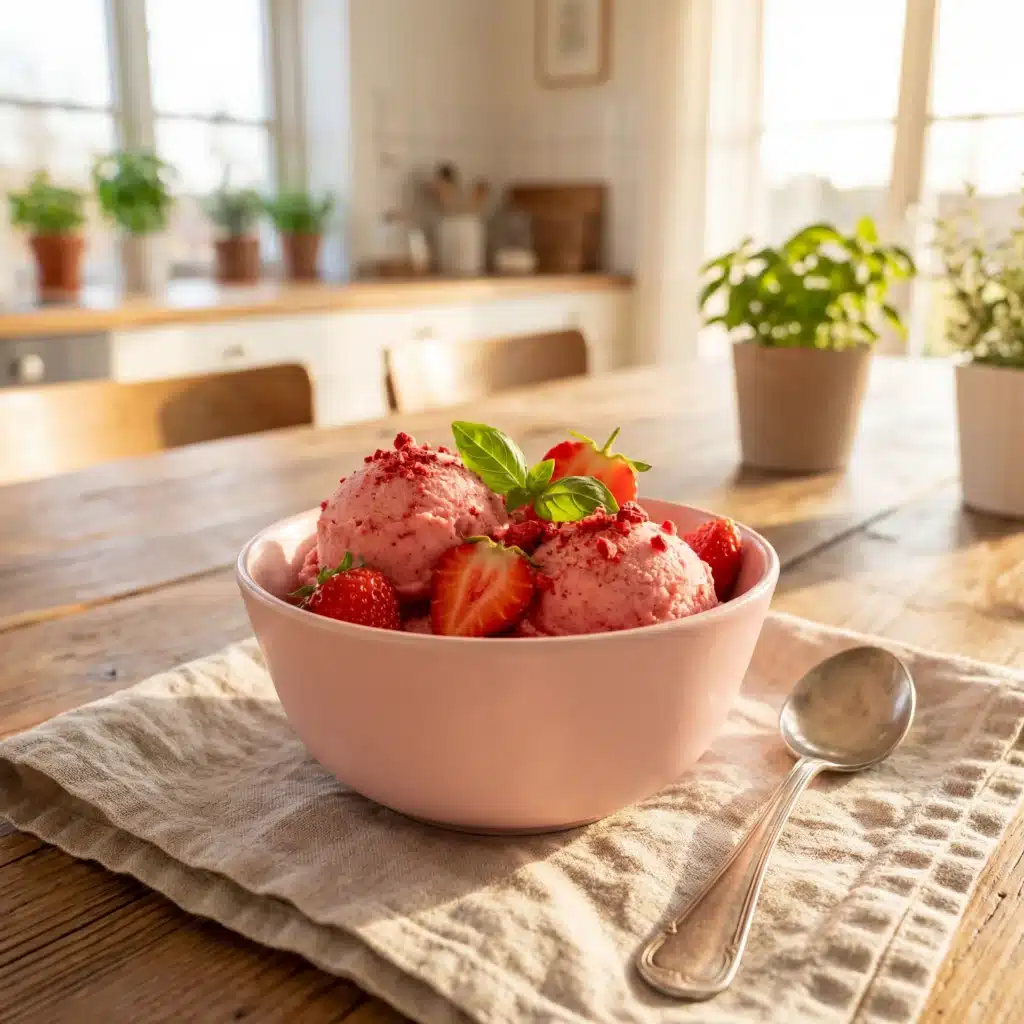Overhead flat lay of five healthy Ninja Creami recipe bowls including vanilla, chocolate, mango, strawberry, and matcha on dark slate