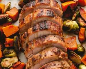 A succulent honey garlic glazed pork loin roast prepared in the oven.