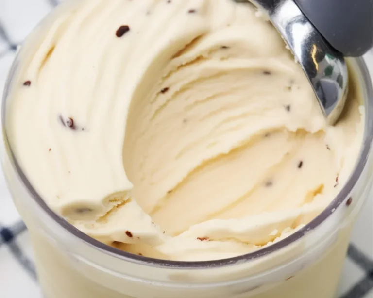 Creamy Ninja Creami Cookie Dough Ice Cream filled with cookie dough chunks and chocolate chips.