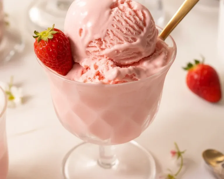 A scoop of homemade ice cream made with the Ninja Creami machine decorated with fresh berries.