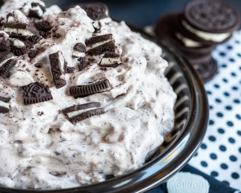 Easy Oreo Fluff dessert with cookies, pudding, and marshmallows