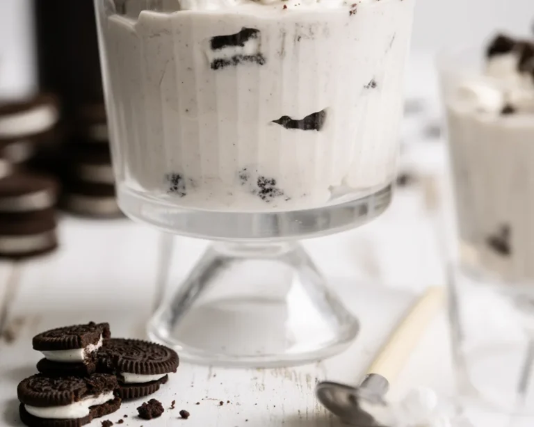 Protein Oreo Fluff dessert made with Greek yogurt and crushed Oreos, low-calorie treat.