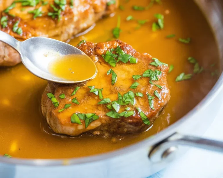 Juicy pork chop recipe served with creamy sauce and garnished with herbs.