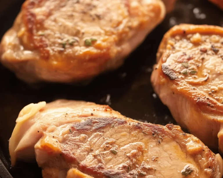 Seared pork chop sizzling in a pan with herbs and garlic.