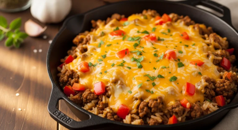 A delicious-looking one-pan cheesy ground beef and rice skillet in a cast-iron pan, garnished with fresh parsley. The meal is hearty and ready to serve, representing an easy budget ground beef recipe.