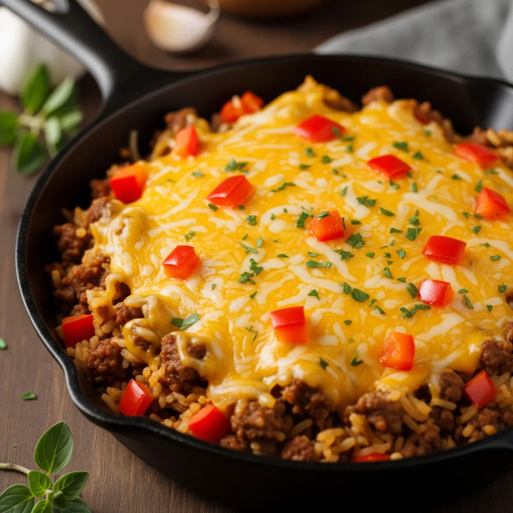 A delicious-looking one-pan cheesy ground beef and rice skillet in a cast-iron pan, garnished with fresh parsley. The meal is hearty and ready to serve, representing an easy budget ground beef recipe.