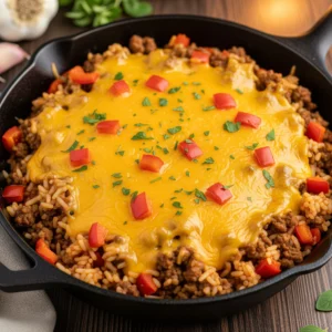 A delicious-looking one-pan cheesy ground beef and rice skillet in a cast-iron pan, garnished with fresh parsley. The meal is hearty and ready to serve, representing an easy budget ground beef recipe.