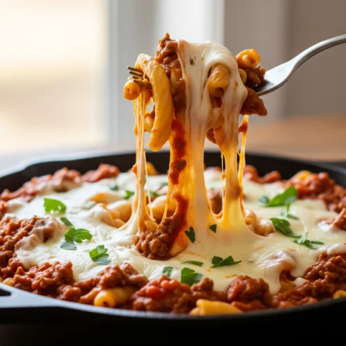 A close-up of a cheesy beef and pasta skillet with a fork pulling up a gooey cheese string, garnished with fresh parsley.