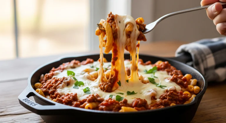 A close-up of a cheesy beef and pasta skillet with a fork pulling up a gooey cheese string, garnished with fresh parsley.