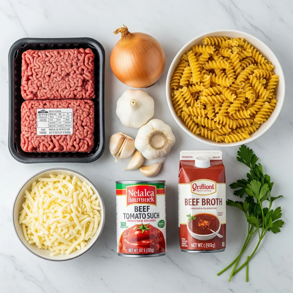A flat lay of ingredients for a ground beef pasta skillet, including beef, onion, pasta, tomato sauce, and cheese, on a marble surface.