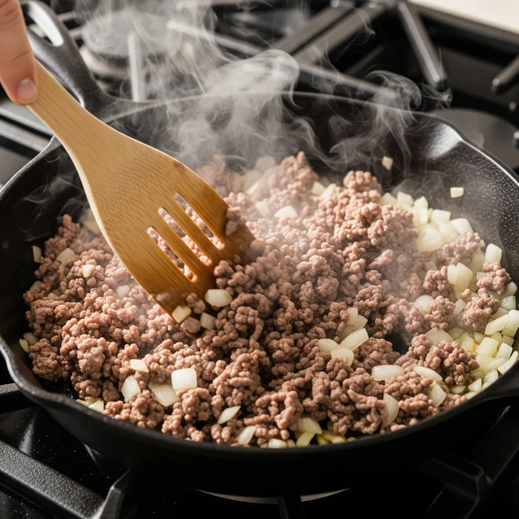 A cook's view of browning ground beef and onions in a cast-iron skillet with a wooden spatula.