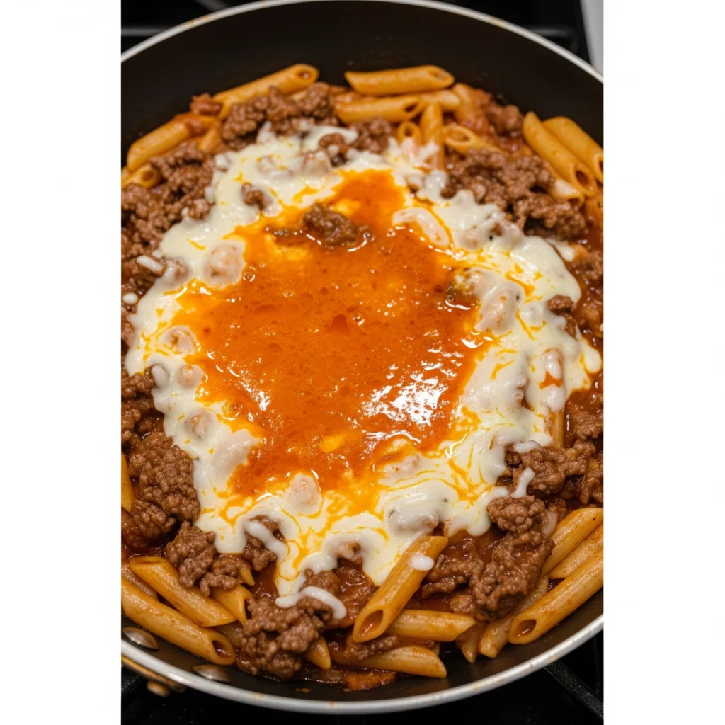 An unappetizing pasta skillet with a visible layer of separated grease on top, showing a common cooking mistake.