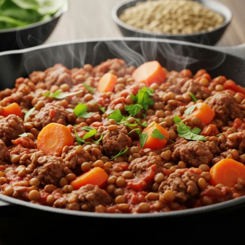 A close-up of a hearty and frugal ground beef and lentil meal in a rustic cast-iron skillet, garnished with fresh parsley, ready to be served for a budget-friendly dinner.