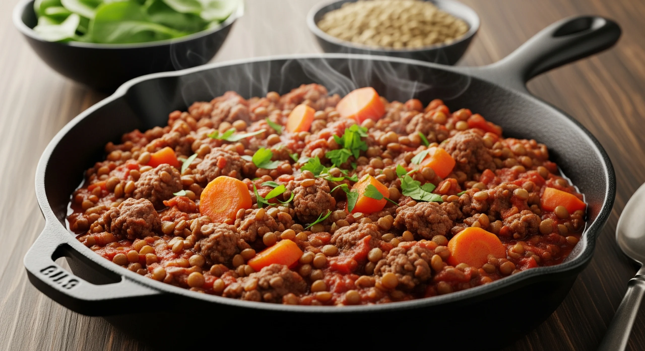 A close-up of a hearty and frugal ground beef and lentil meal in a rustic cast-iron skillet, garnished with fresh parsley, ready to be served for a budget-friendly dinner.