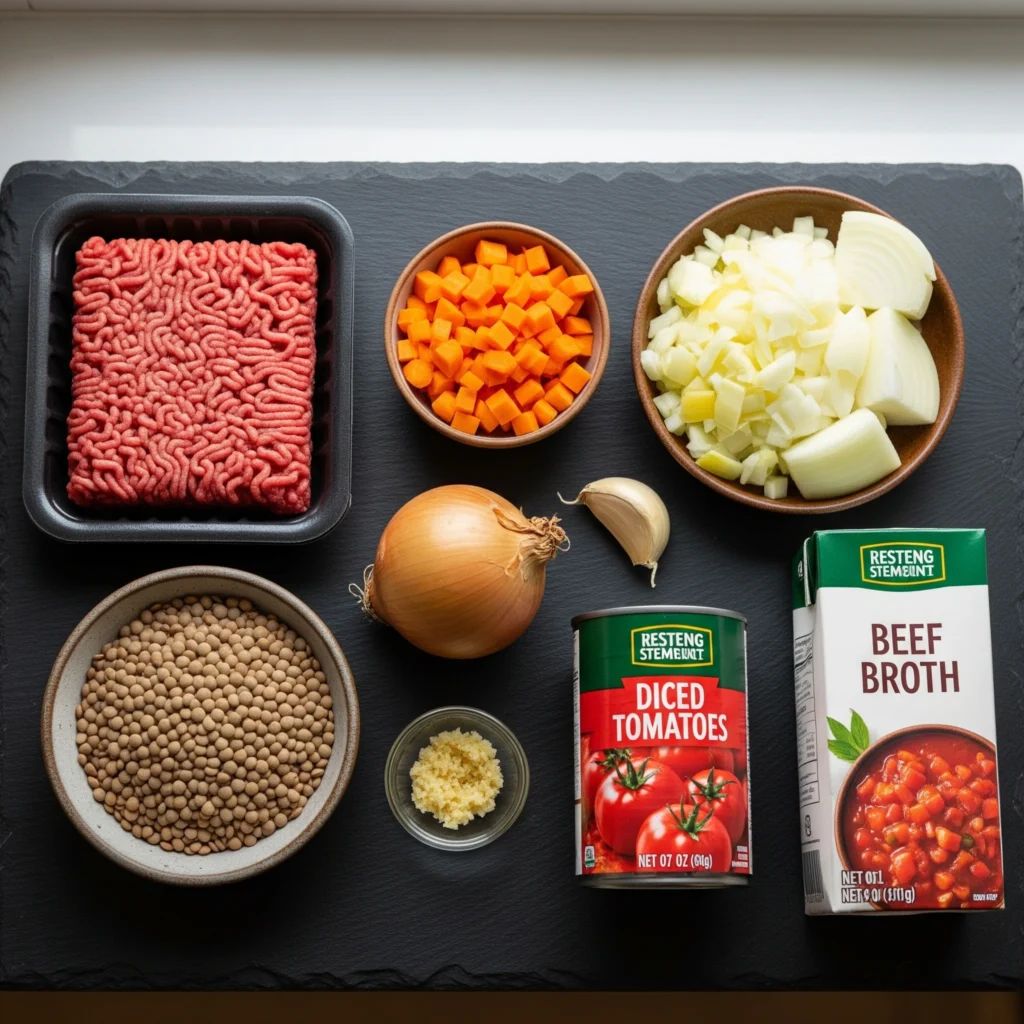 The fresh, raw ingredients for a frugal ground beef and lentil meal, including ground beef, lentils, and carrots, arranged neatly on a dark slate surface.