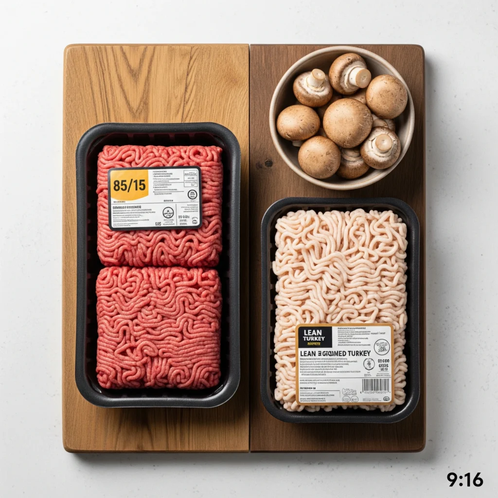 A comparison image showing healthier alternatives for a ground beef recipe, with ground beef on one side and lean ground turkey and mushrooms on the other.