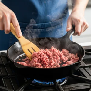 A close-up action shot of lean ground beef browning in a hot cast-iron skillet with a wooden spatula.