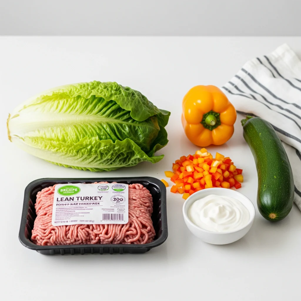 Healthy ingredient swaps for a recipe, including ground turkey, lettuce wraps, bell pepper, and Greek yogurt.