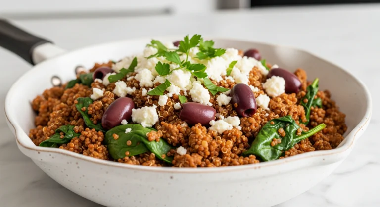 A white bowl filled with Mediterranean ground beef and quinoa skillet, topped with feta cheese and fresh parsley.