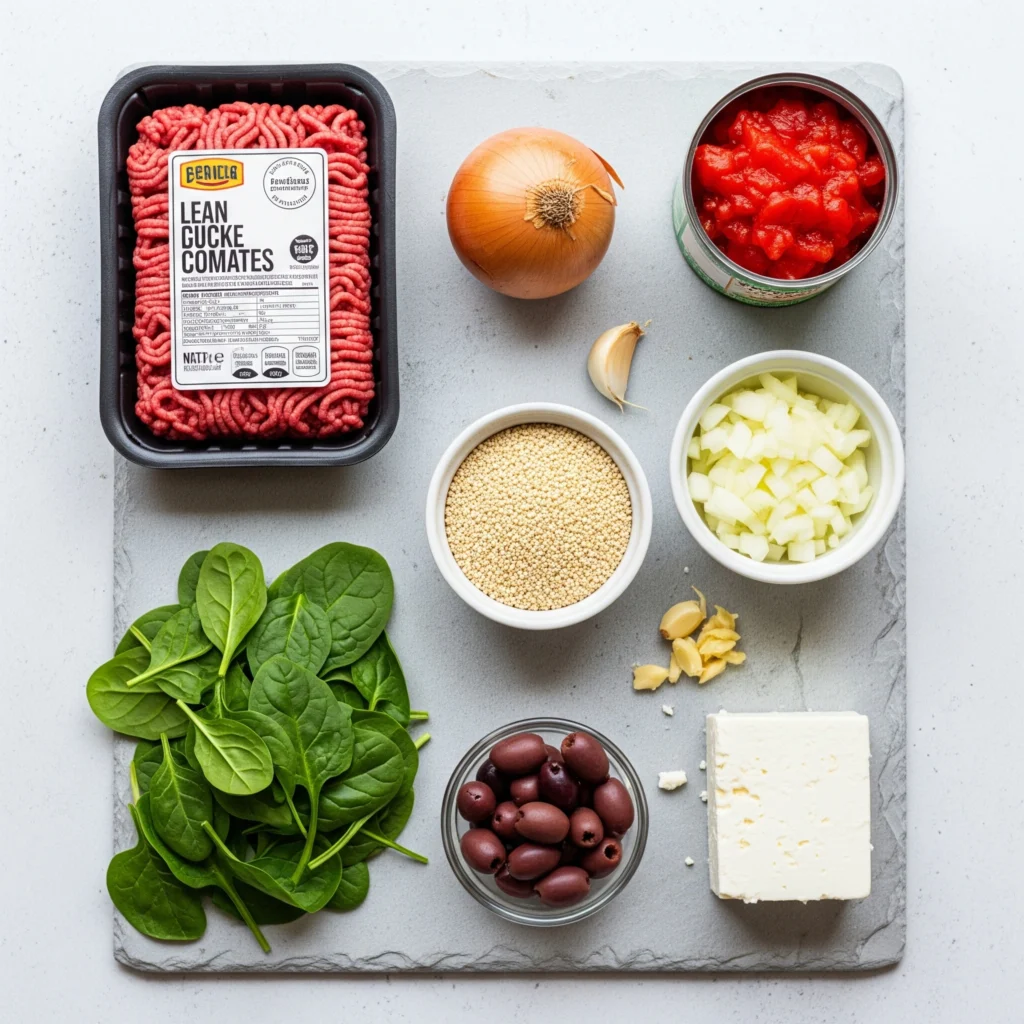 Fresh ingredients for a Mediterranean ground beef recipe laid out on a slate background, including beef, quinoa, and vegetables.