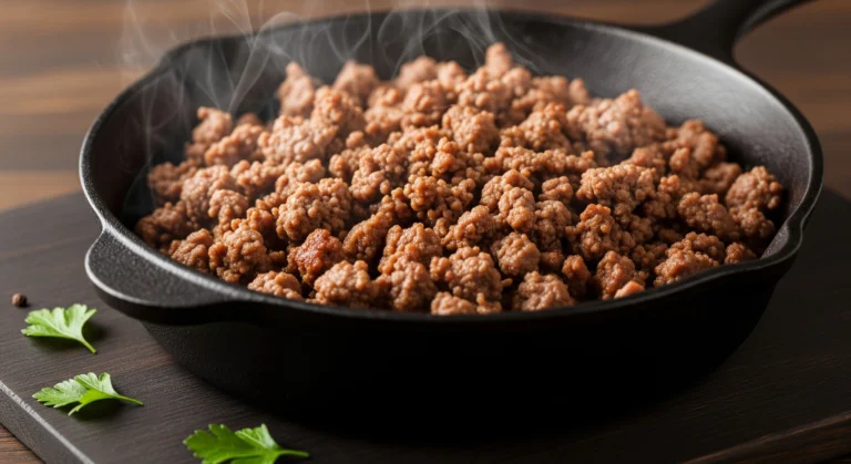 Close-up of perfectly browned and juicy ground beef crumbles sizzling in a black cast iron skillet, garnished with fresh parsley.
