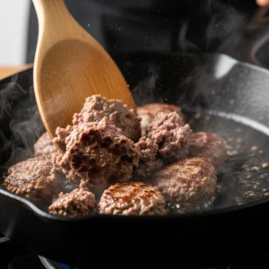 An action shot from the cook's perspective, showing a wooden spoon breaking up sizzling ground beef in a hot cast iron skillet to create a crust.