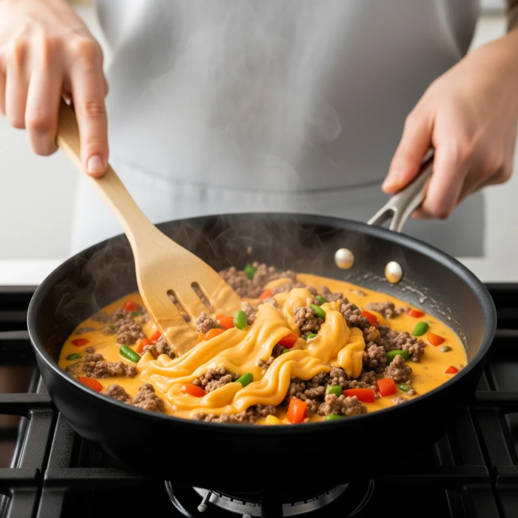 A chef stirring a creamy sauce into a low carb ground beef recipe in a skillet with a wooden spoon, showing the cooking process.