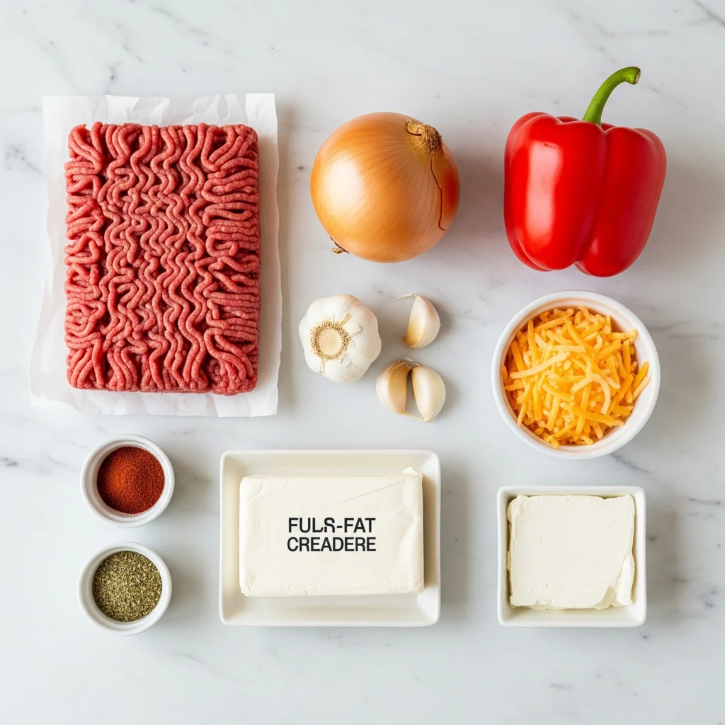 A flat lay of fresh ingredients for a low carb ground beef recipe, including beef, peppers, onion, spices, and cheese on a marble surface.