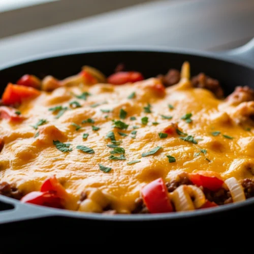 A close-up of a cheesy low carb ground beef recipe in a black cast-iron skillet, topped with fresh parsley and ready to serve.
