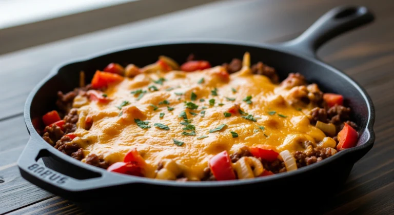 A close-up of a cheesy low carb ground beef recipe in a black cast-iron skillet, topped with fresh parsley and ready to serve.