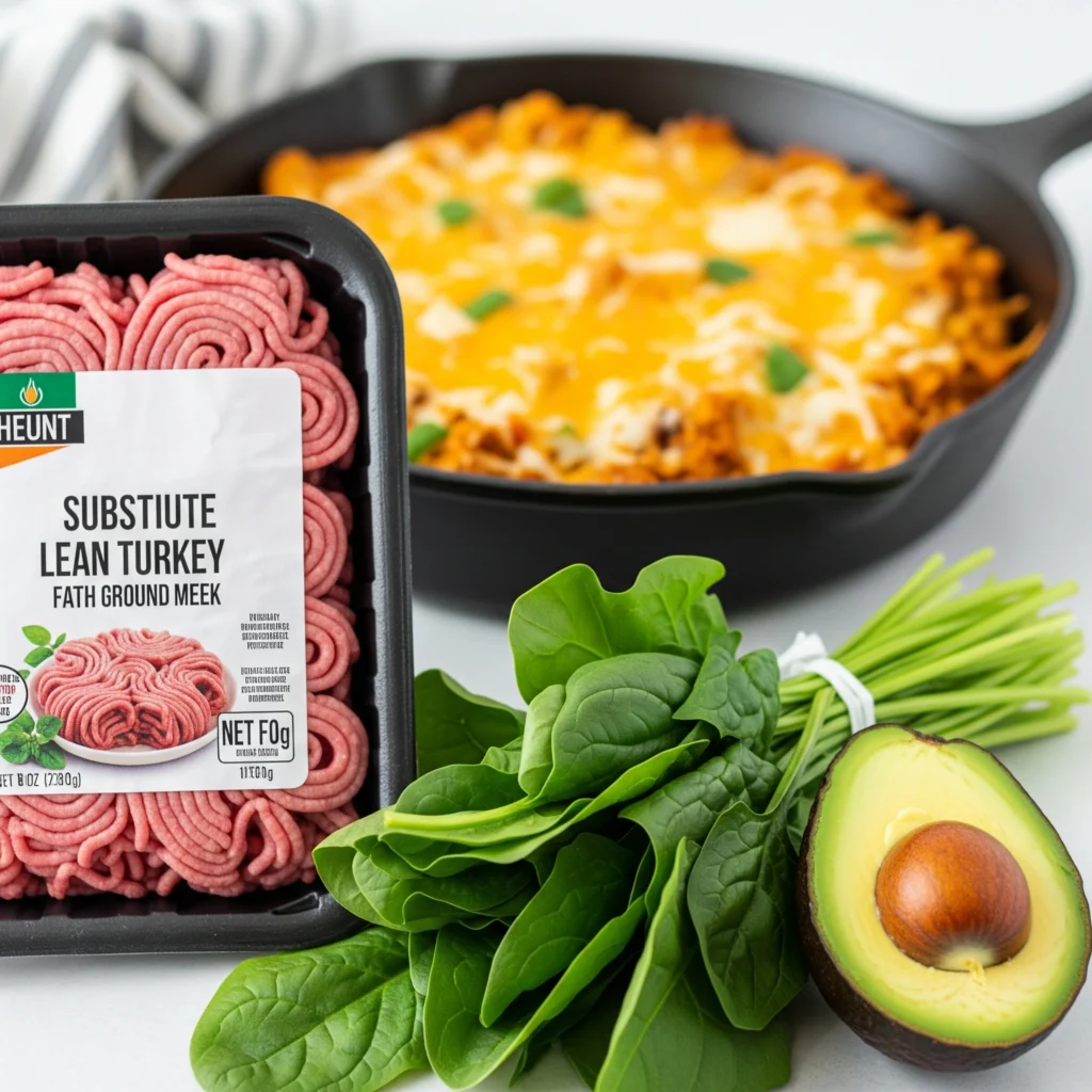 Healthy alternatives for a low carb ground beef recipe, featuring lean ground turkey, fresh spinach, and avocado in the foreground.