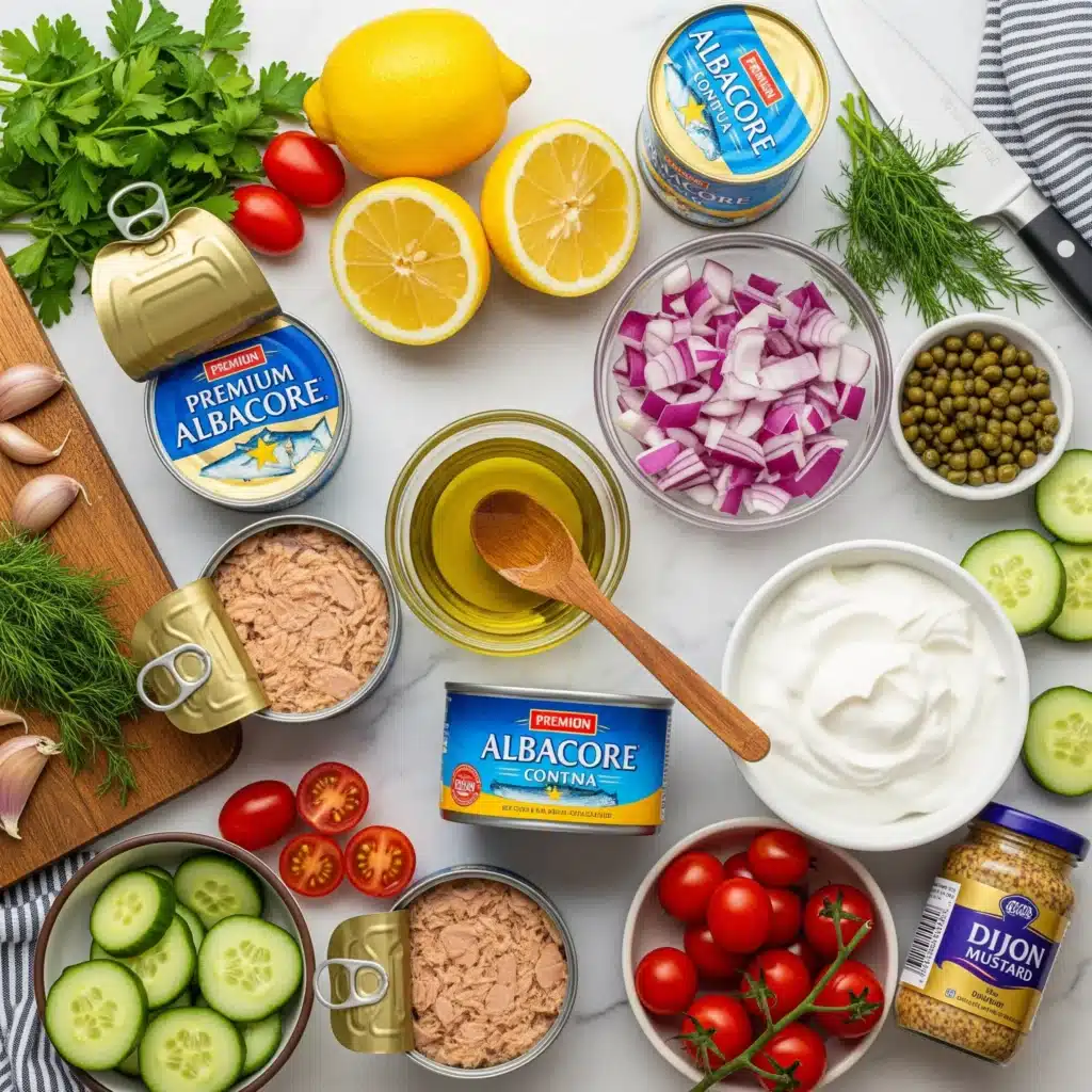 Fresh ingredients for no-cook canned tuna recipes arranged on marble countertop including tuna cans, lemons, olive oil, herbs, and vegetables