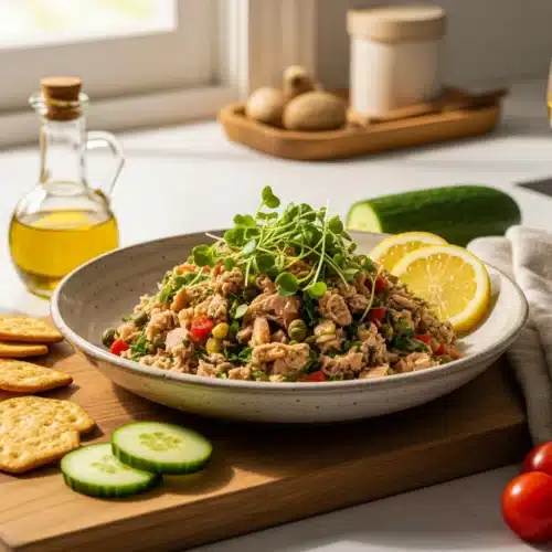 Finished no-cook canned tuna recipe elegantly plated in ceramic bowl with fresh garnishes, crackers, and white wine on wooden cutting board