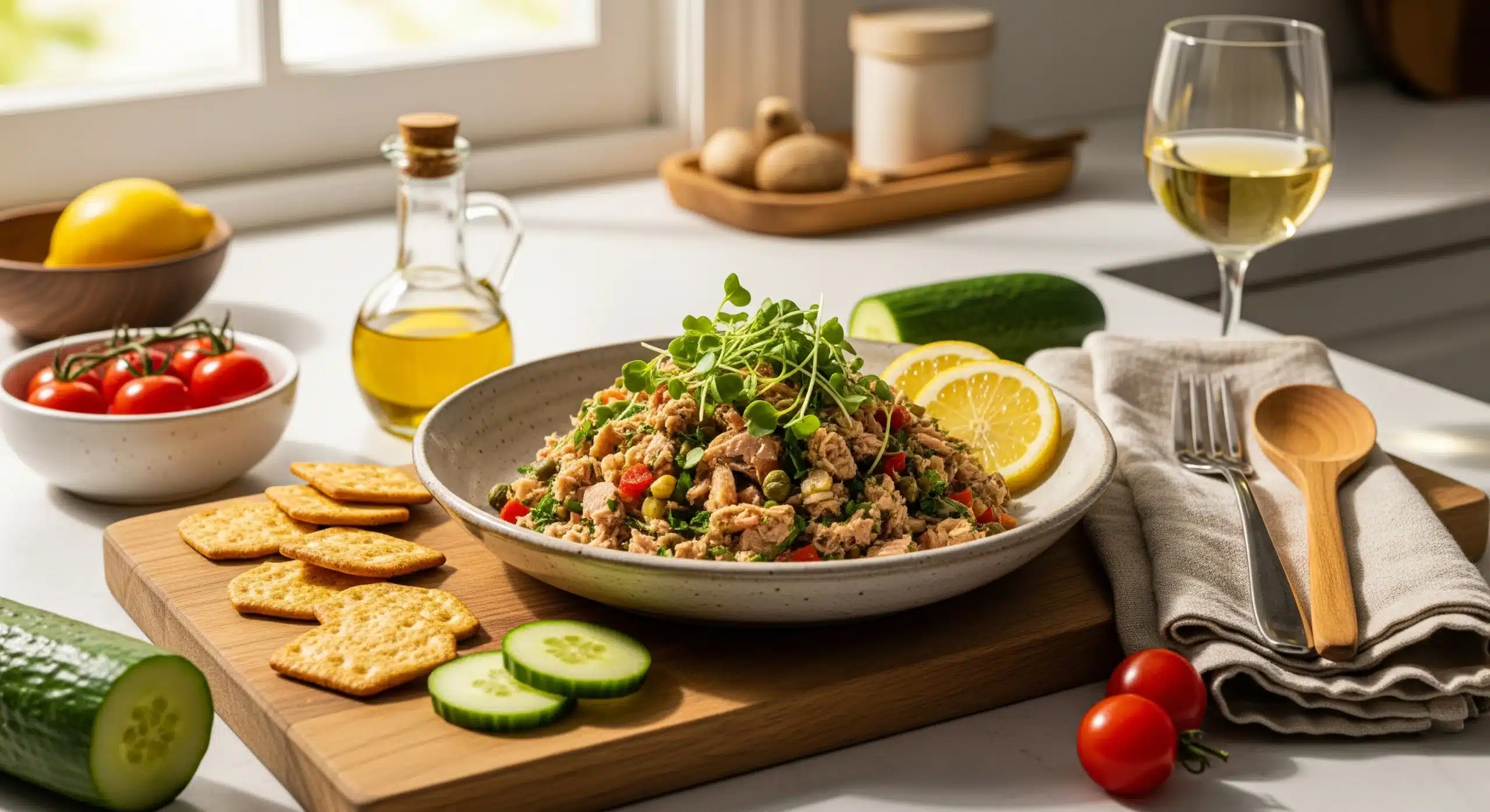 Finished no-cook canned tuna recipe elegantly plated in ceramic bowl with fresh garnishes, crackers, and white wine on wooden cutting board