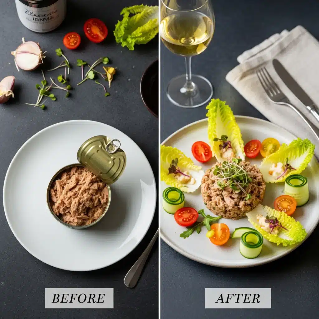Before and after comparison showing plain canned tuna transformed into elegant no-cook tuna recipe with restaurant-style plating