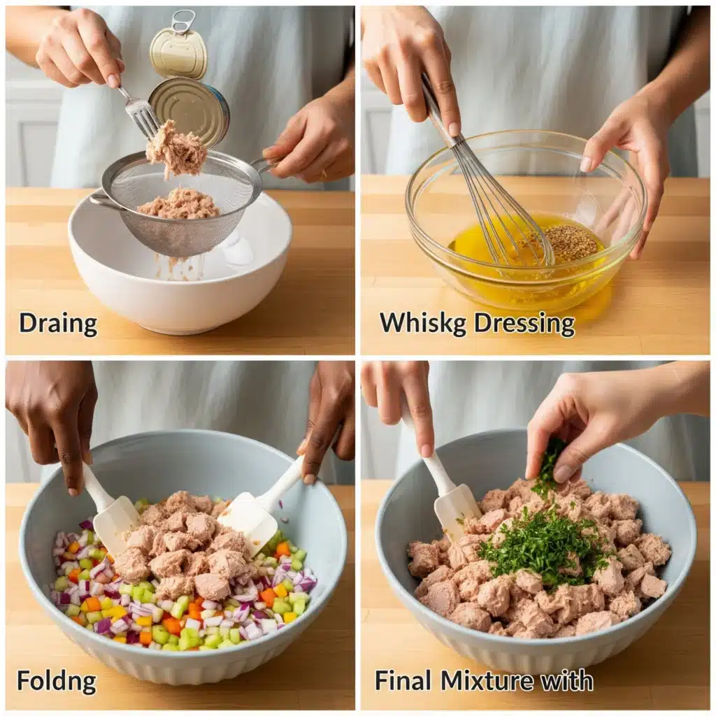 Four-panel step-by-step process showing how to prepare no-cook tuna recipes from draining tuna to final assembly