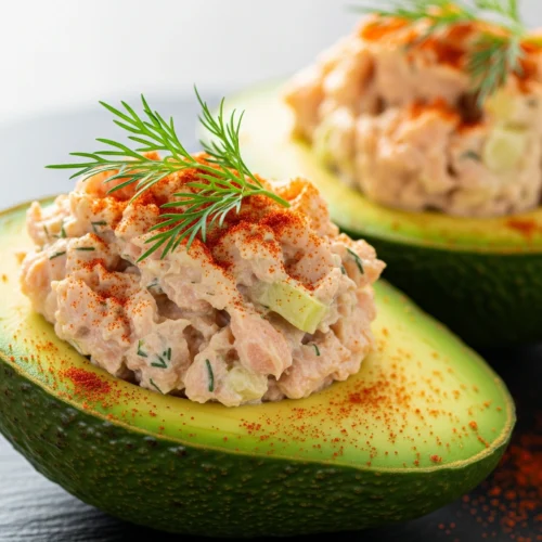 A close-up of a healthy canned salmon recipe: salmon salad stuffed into two avocado halves on a slate plate.