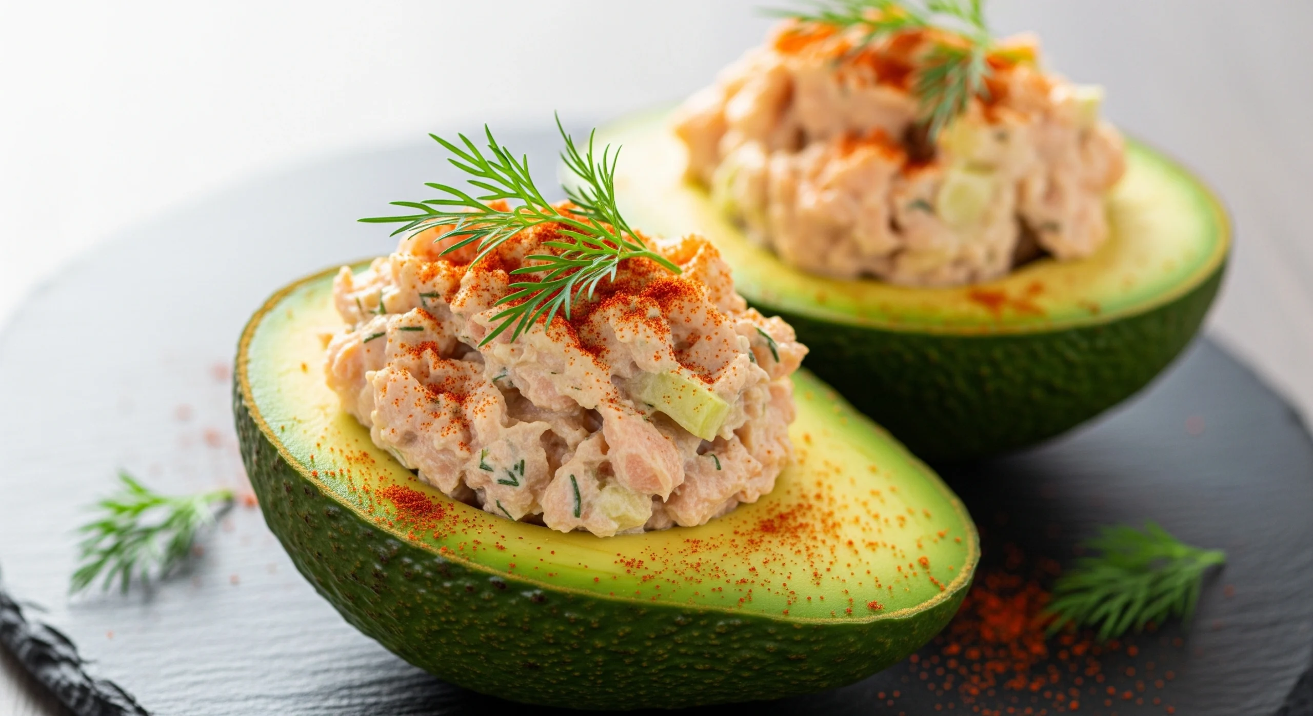 A close-up of a healthy canned salmon recipe: salmon salad stuffed into two avocado halves on a slate plate.