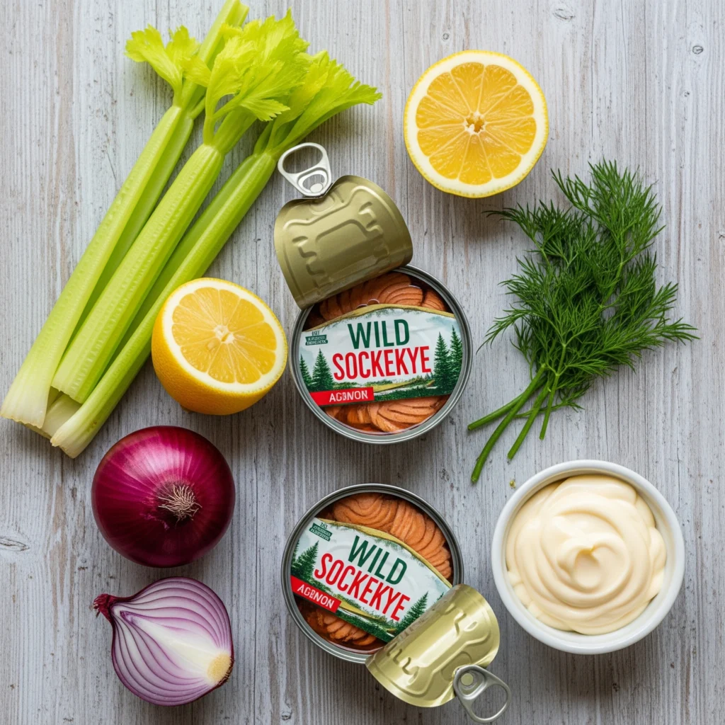 Ingredients for an easy canned salmon recipe laid out on a wooden table, including salmon, celery, onion, and lemon.