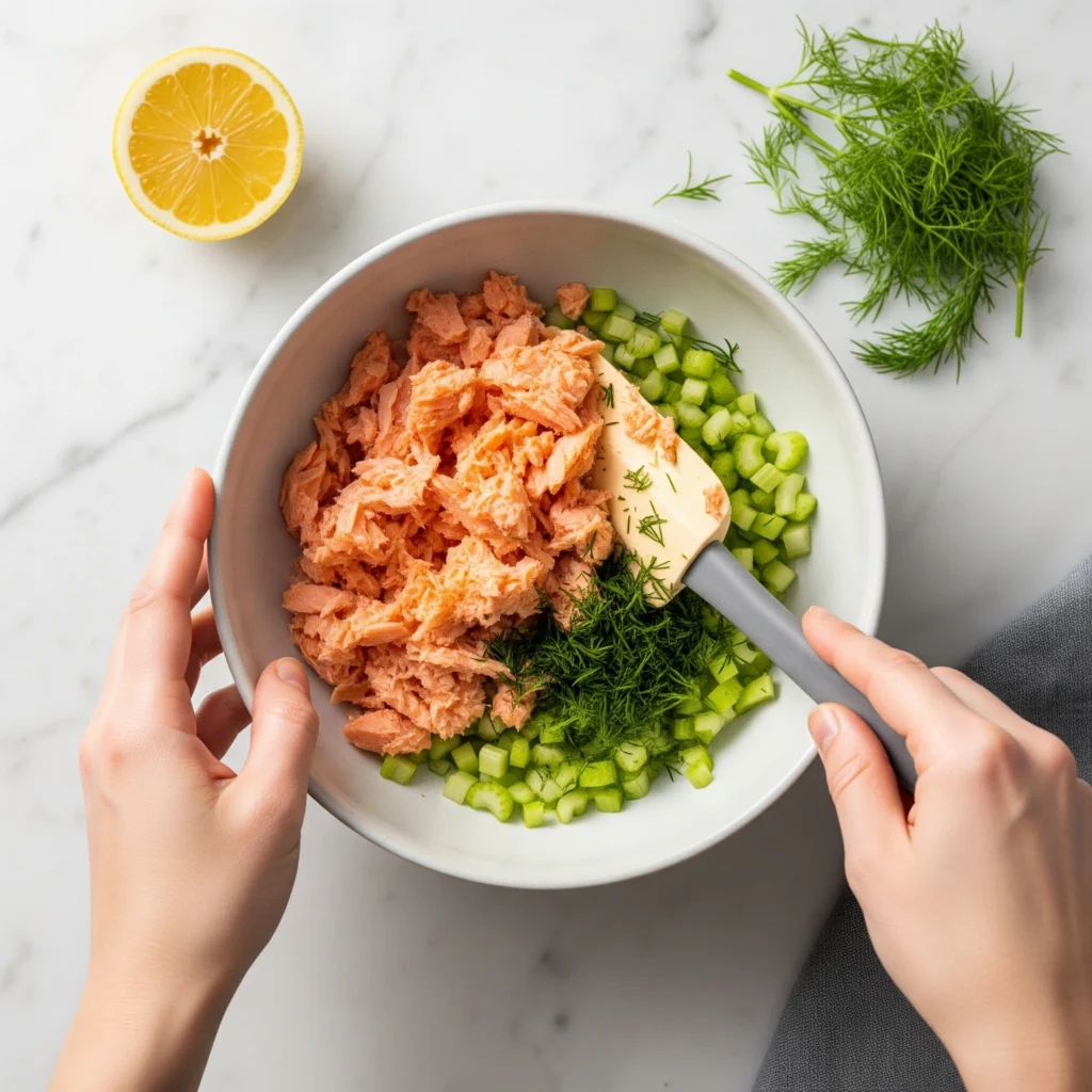 Hands mixing a canned salmon salad with celery and dill in a white ceramic bowl, demonstrating a recipe step.