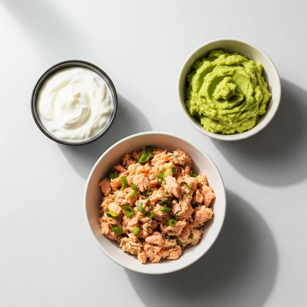 A bowl of canned salmon salad shown with healthy alternative ingredients: Greek yogurt and mashed avocado.