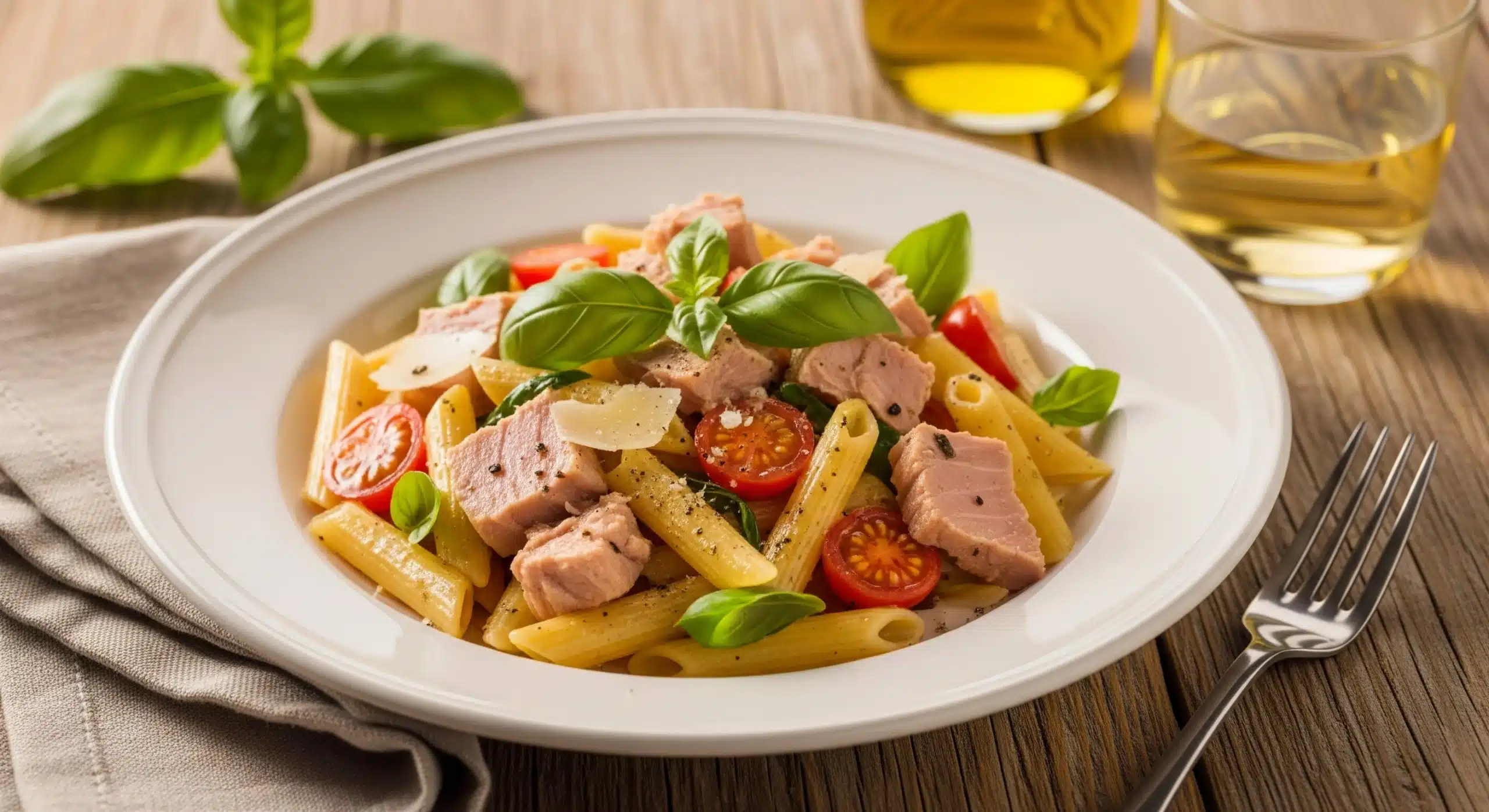 Elegant Mediterranean tuna pasta dish with cherry tomatoes, fresh basil, and parmesan cheese in white ceramic bowl on rustic wooden table