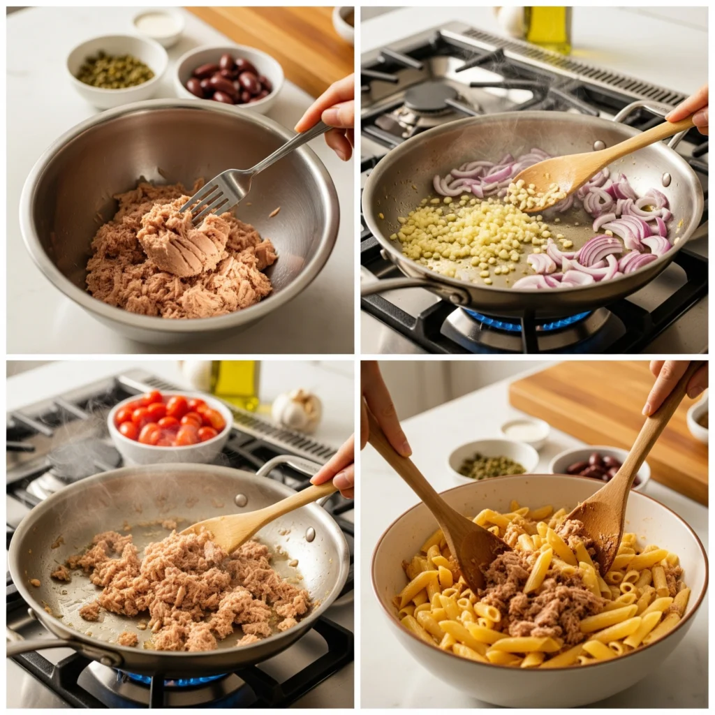 Four-panel cooking process showing tuna preparation, sautéing aromatics, combining ingredients, and final pasta tossing steps for Mediterranean tuna recipe