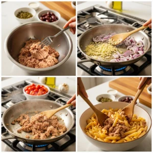 Four-panel cooking process showing tuna preparation, sautéing aromatics, combining ingredients, and final pasta tossing steps for Mediterranean tuna recipe