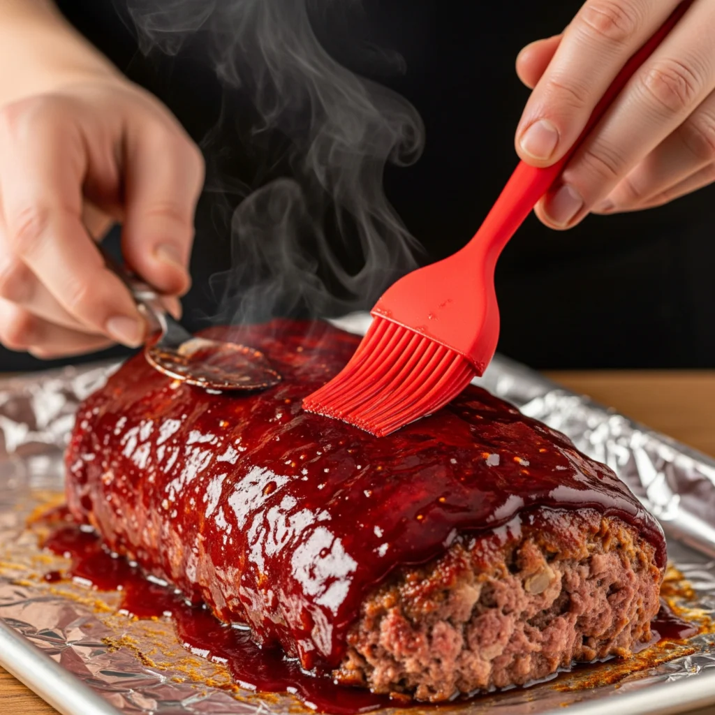 A juicy, glazed classic meatloaf sliced on a rustic wooden cutting board, garnished with fresh parsley, illustrating the ultimate meatloaf recipe in 4 easy steps.