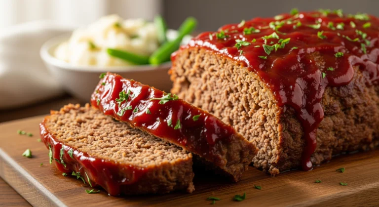 A juicy, glazed classic meatloaf sliced on a rustic wooden cutting board, garnished with fresh parsley, illustrating the ultimate meatloaf recipe in 4 easy steps.