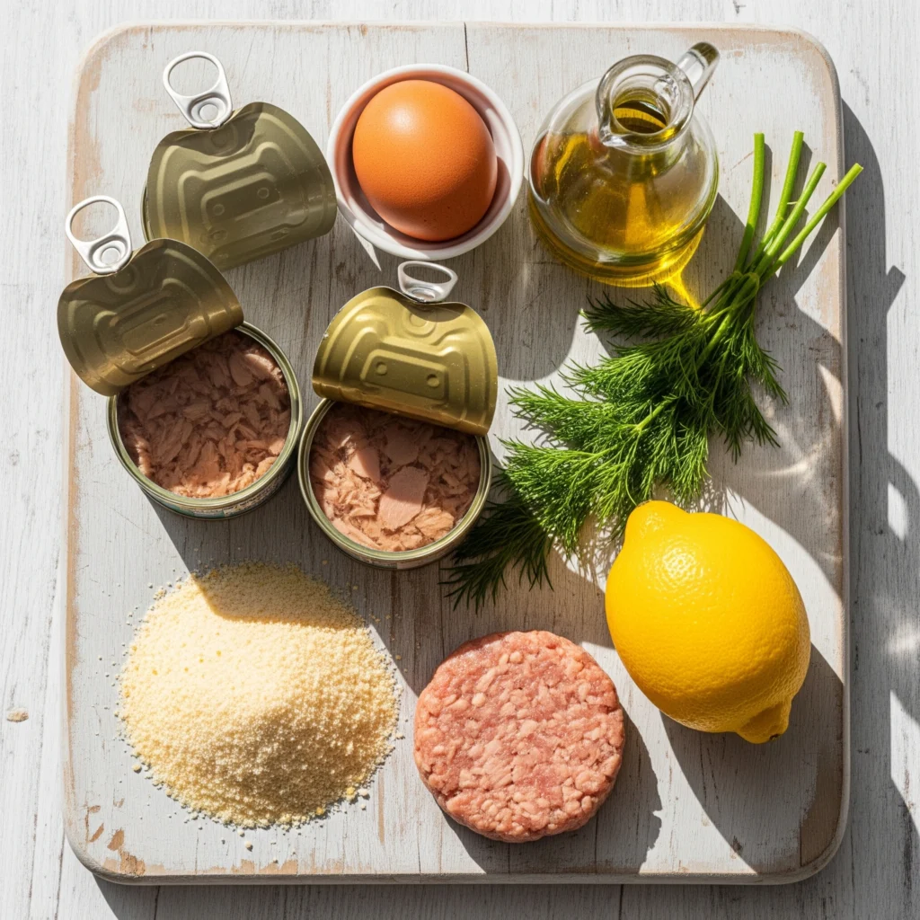 Flat lay of ingredients for tuna patties: canned tuna, egg, panko, lemon, and dill on a wooden board.