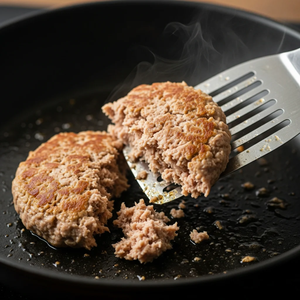 A soggy tuna patty crumbling and falling apart in a skillet as a spatula tries to flip it.